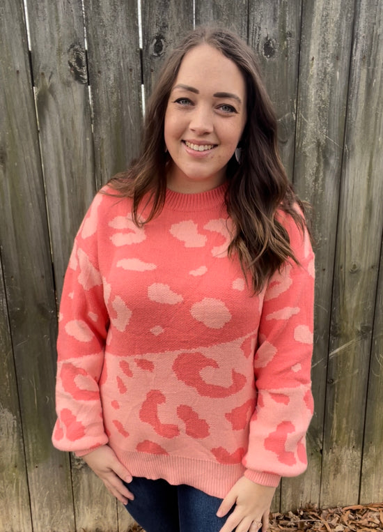 PINK LEOPARD BALLOON SLEEVE SWEATER