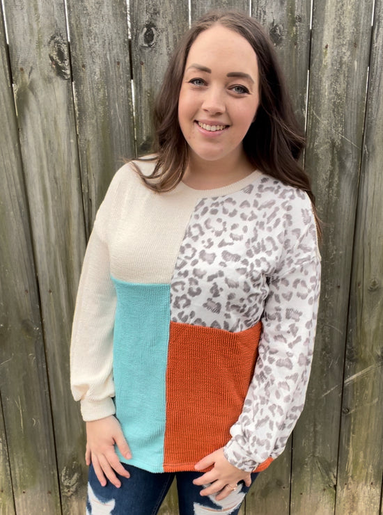 LEOPARD RIBBED COLORBLOCK TOP